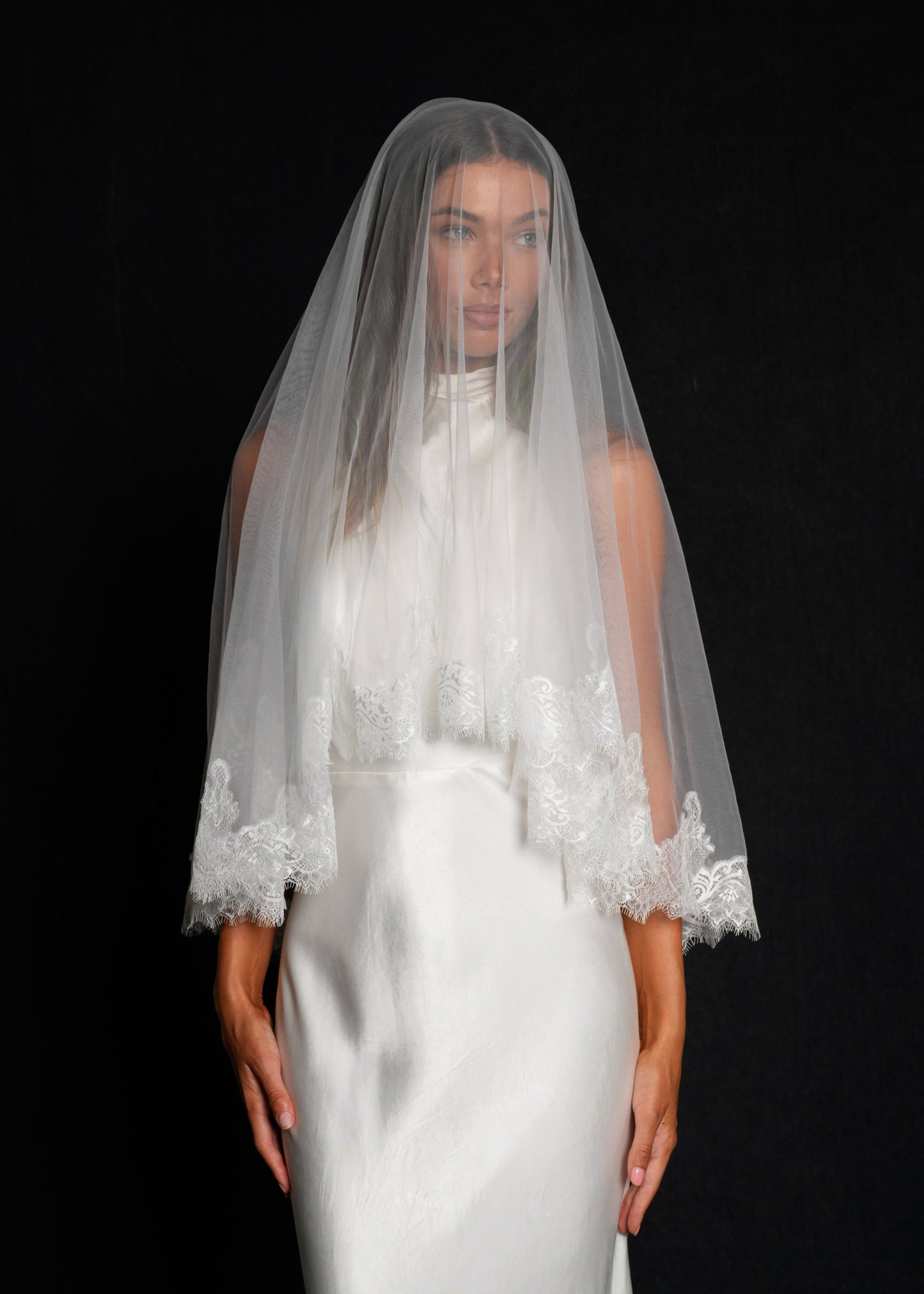 CHANTILLY SHORT LACE VEIL, TWO TIER, FINGERTIP LENGTH