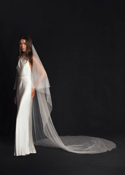 For Calista-Pearl Veil, Two Tier, Cathedral Length