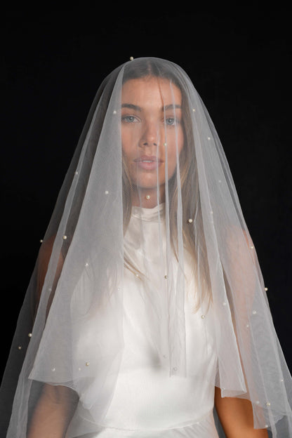 For Calista-Pearl Veil, Two Tier, Cathedral Length