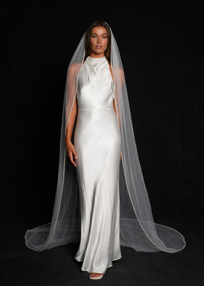 FOR REBECCA- PEARL BEADED EDGE VEIL, SINGLE TIER, CATHEDRAL LENGTH