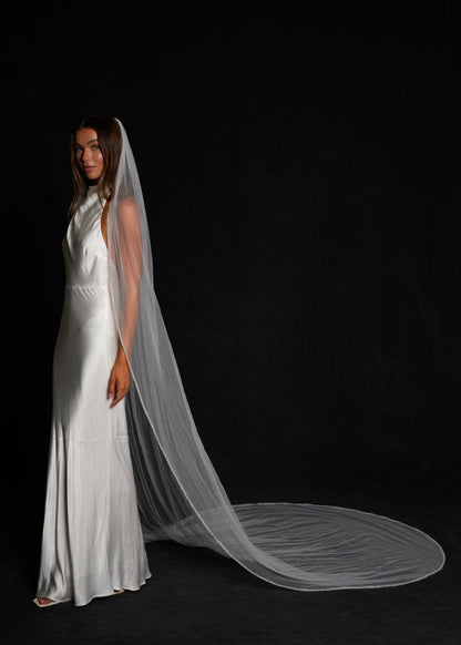 FOR REBECCA- PEARL BEADED EDGE VEIL, SINGLE TIER, CATHEDRAL LENGTH