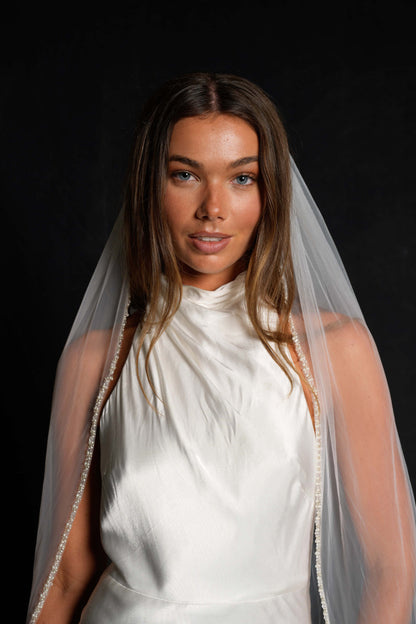 FOR REBECCA- PEARL BEADED EDGE VEIL, SINGLE TIER, CATHEDRAL LENGTH