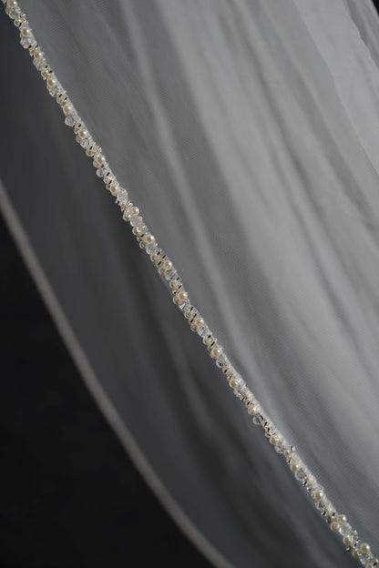 FOR REBECCA- PEARL BEADED EDGE VEIL, SINGLE TIER, CATHEDRAL LENGTH