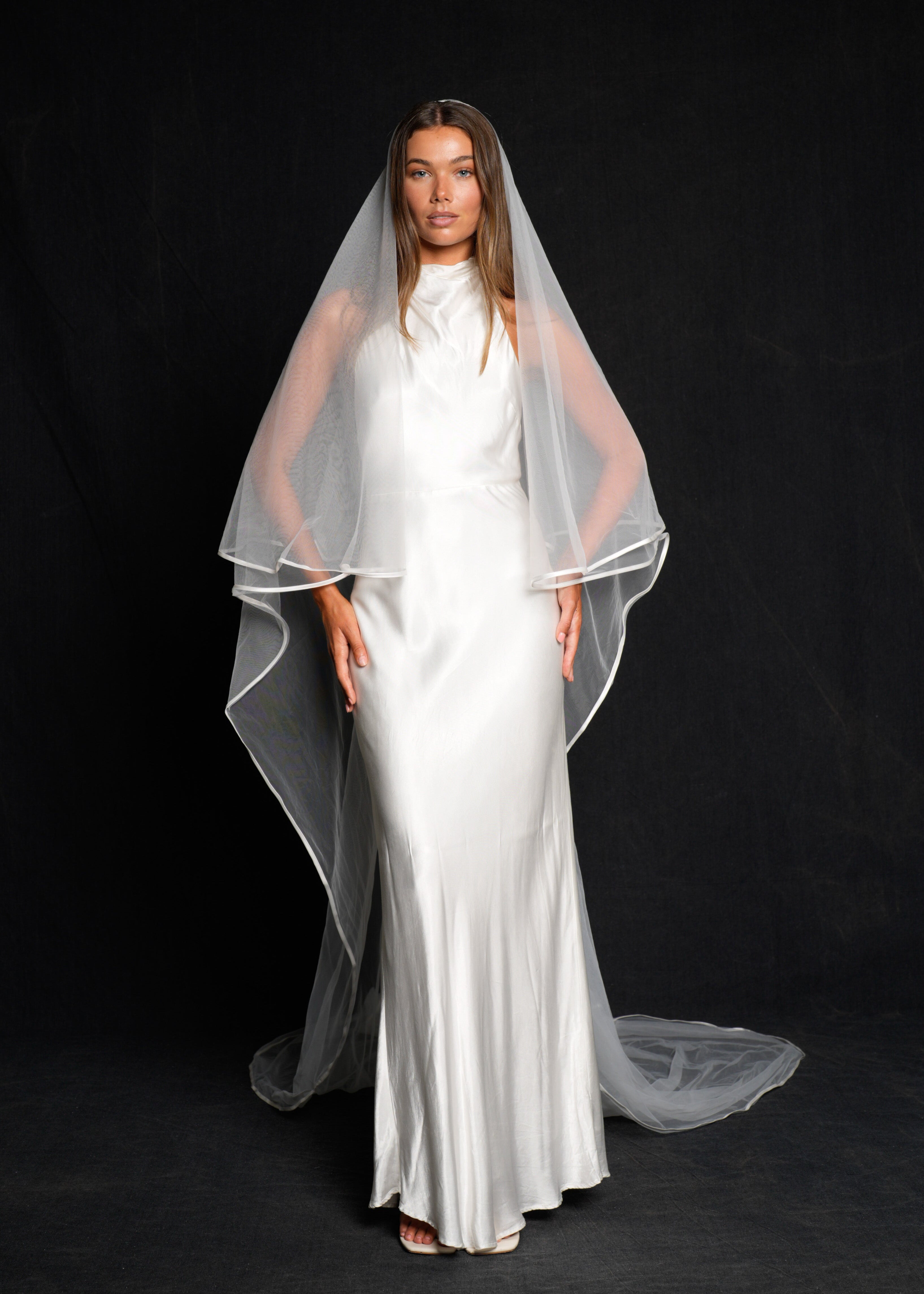 SATIN EDGE VEIL, TWO TIER, CATHEDRAL LENGTH – Calily Bridal