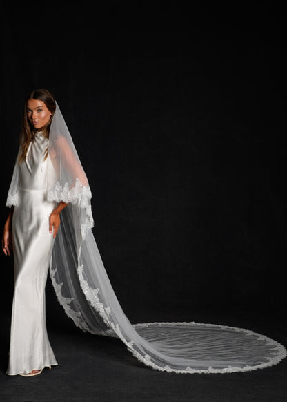 FOR AMY CHANTILLY FRENCH LACE VEIL, TWO TIER, CATHEDRAL LENGTH