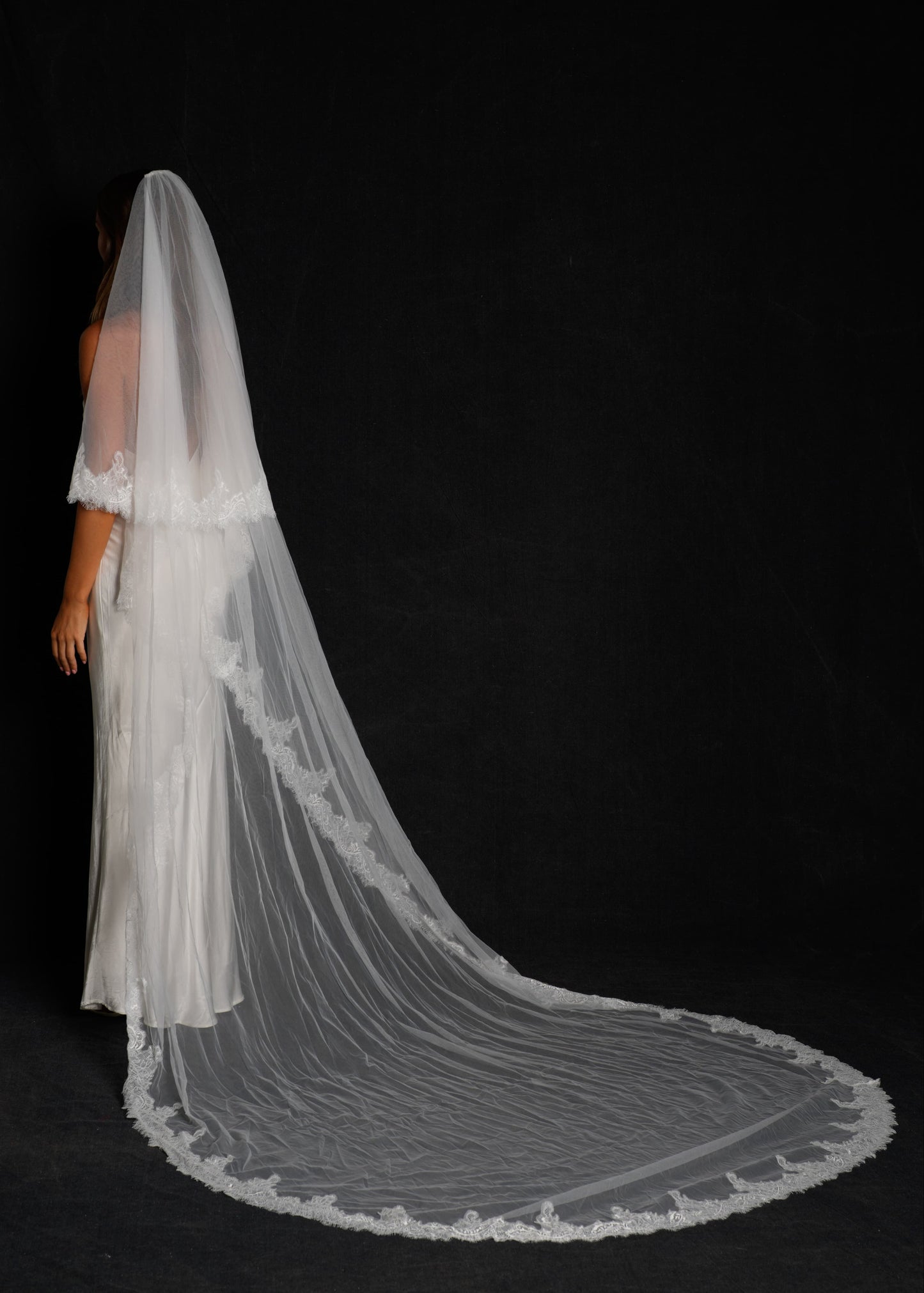 CHANTILLY FRENCH LACE VEIL, TWO TIER, CATHEDRAL LENGTH