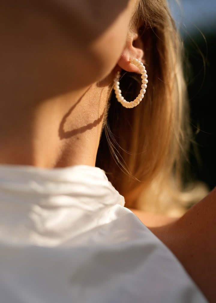 Large Pearl Hoop Bridal Earrings, 14K Gold, Freshwater Pearl
