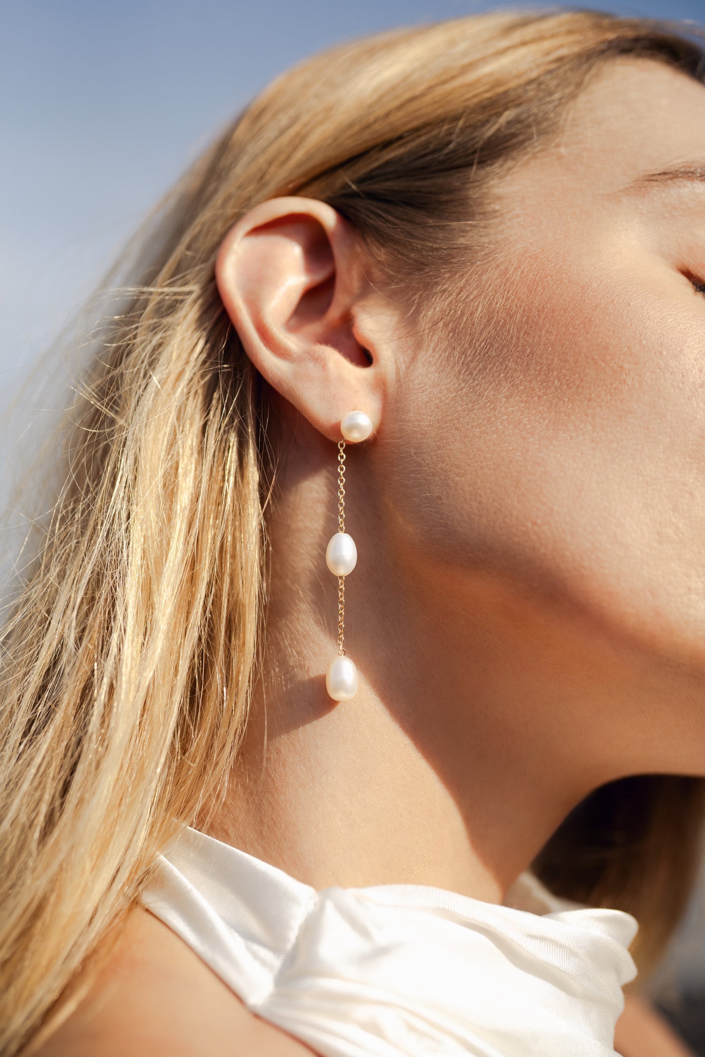 THREE PEARL DROP CHAIN WEDDING EARRINGS, 14K GOLD, FRESHWATER PEARL