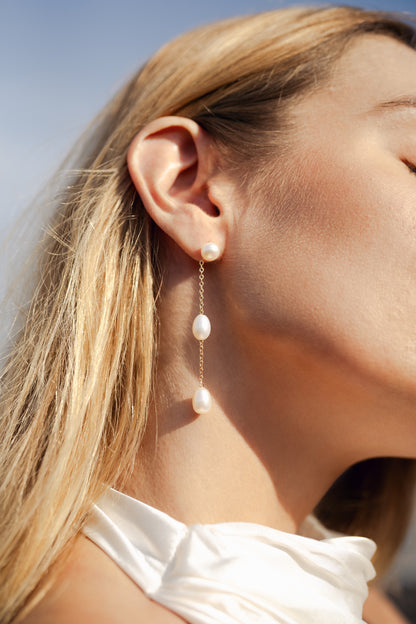 THREE PEARL DROP CHAIN WEDDING EARRINGS, 14K GOLD, FRESHWATER PEARL