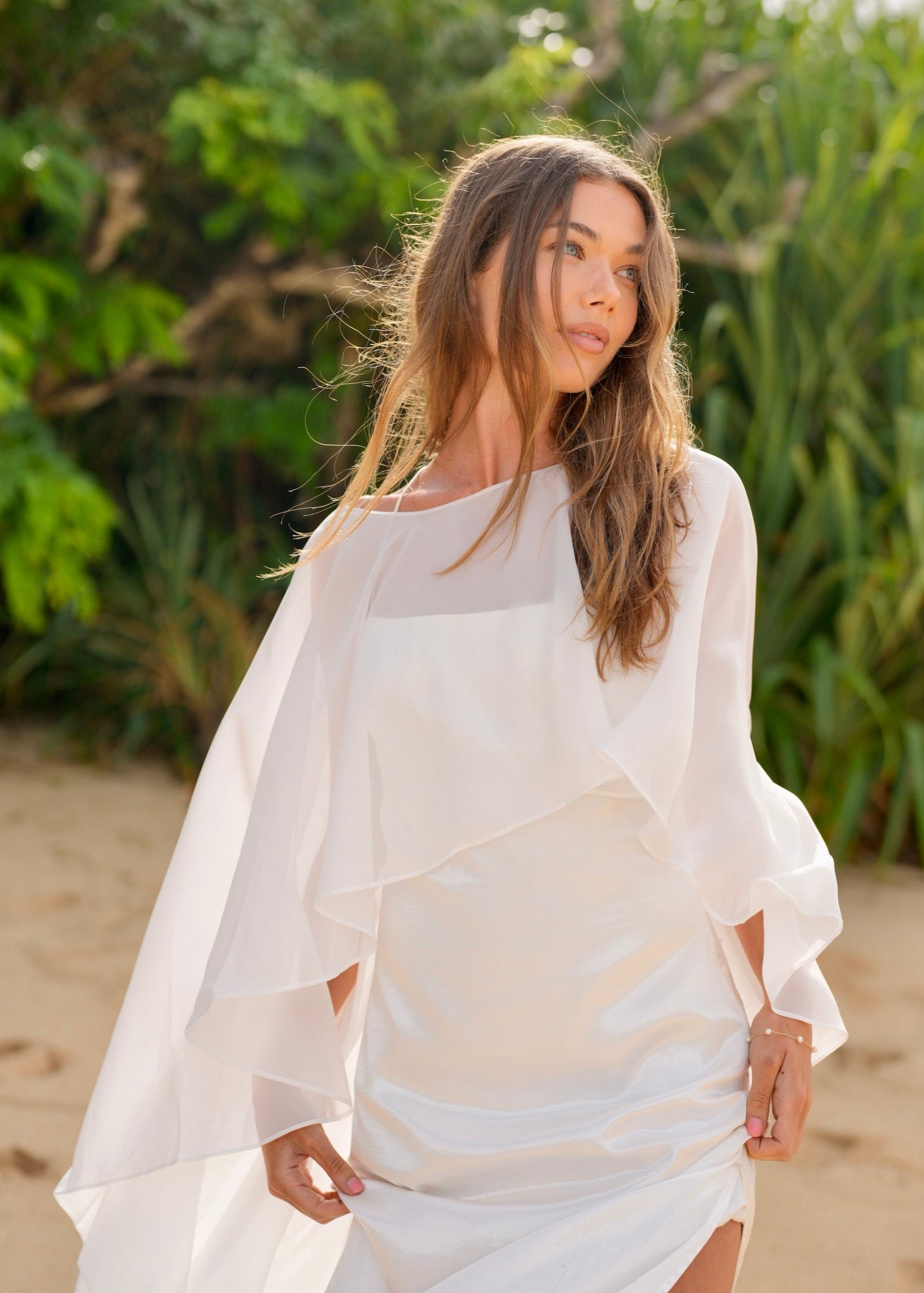 white dress with chiffon cape Millie Structured Chiffon Cape Mini Dress | White