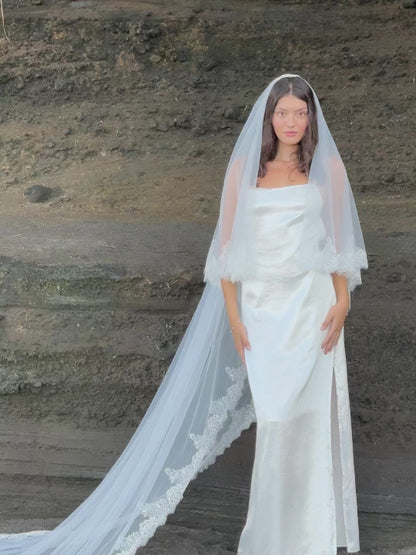 FOR AMY CHANTILLY FRENCH LACE VEIL, TWO TIER, CATHEDRAL LENGTH